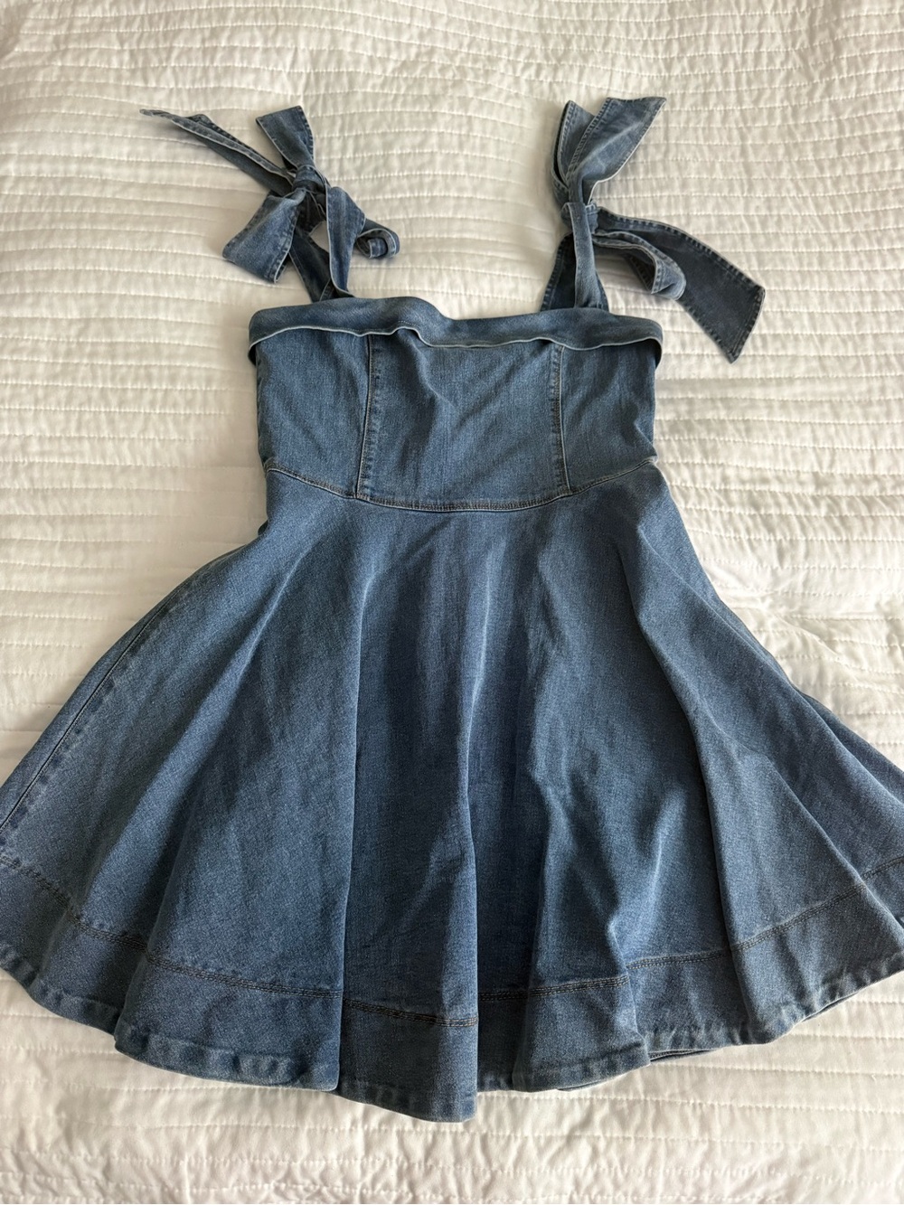 Denim Tie-Strap Fit & Flare Dress in Medium Blue